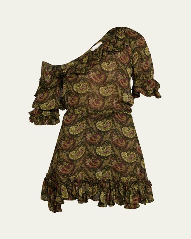 Paisley Off-the-Shoulder Mini Ruffled Dress